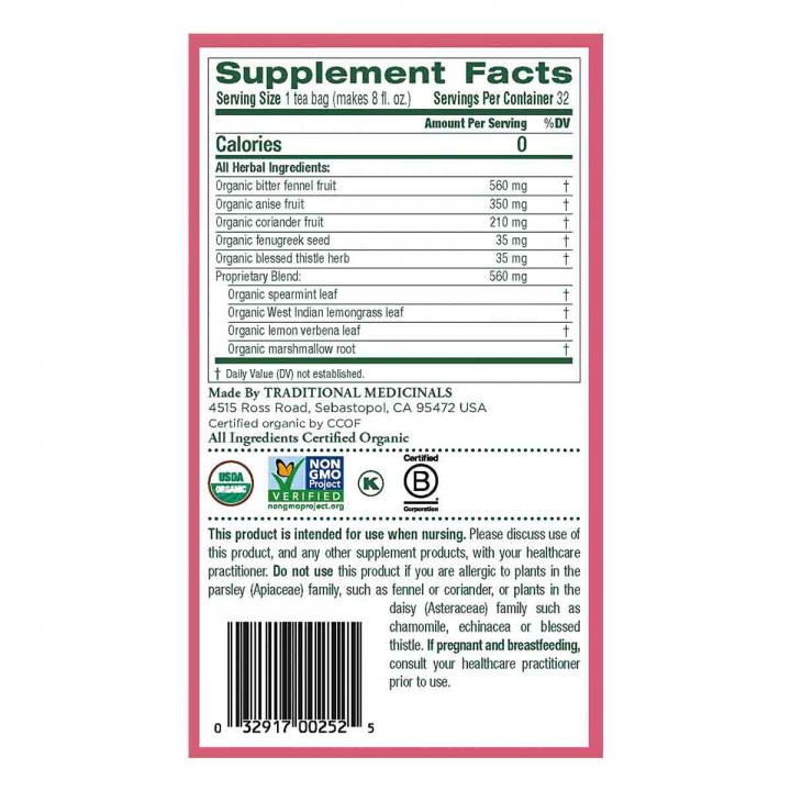 Traditional Medicinals Organic Té Herbal Mother´s Milk Promueve Lactancia de la Mujer, Libre de Cafeína 16 Bolsitas 99 oz (28...