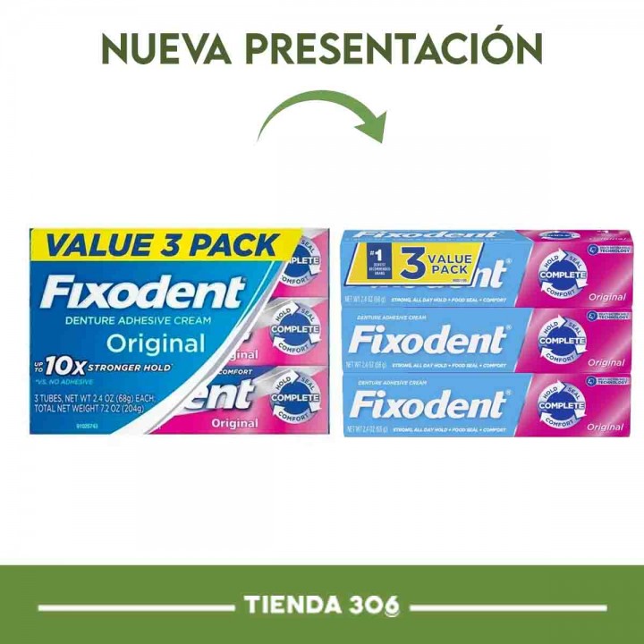 Crema Adhesiva Para Dentaduras Postizas Fixodent Original Por 3 Unidades (204g) C1066 FIXODENT