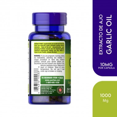 Puritans Pride Extracto de Ajo Garlic Oil Sin Olor de Liberación Rápida 1.000 mg 250 Capsulas Blandas V3041 Puritan's Pride