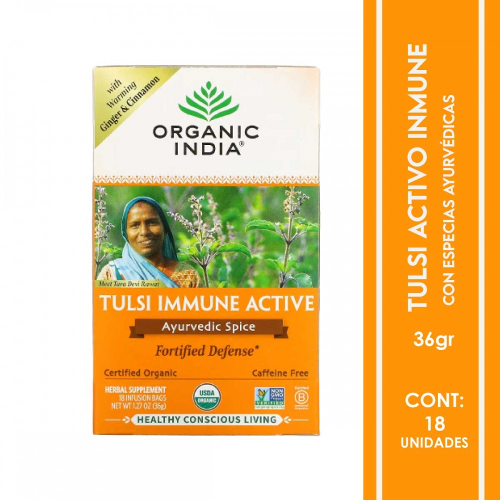 Organic India Tulsi Te Immune Active Especias Ayurvedicas Sin Cafeina 18 Bolsitas 36g T2142 ORGANIC INDIA Organic India Tulsi Te Immune Active Especias Ayurvedicas Sin Cafeina 18 Bolsitas 36g T2142 ORGANIC INDIA