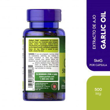 Puritans Pride Extracto De Ajo Garlic Oil Liberacion Rapida 500 mg 250 Capsulas Blandas V3448 Puritan's Pride