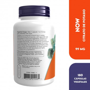 Now Foods Citrato de Potasio (Potassium Citrate) 99 mg 180 Capsulas V3072 Now Nutrition for Optimal Wellness