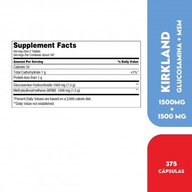 Kirkland Glucosamina HCI 1500 Mg con MSM 1500 Mg Apoya Articulaciones Flexibles 375 Tabletas V3064 Kirkland Signature