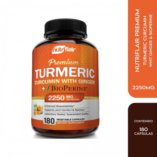 Nutriflair Premium Turmeric Curcumina con Jengibre + Bioperina Mobilidad Articular 2250 mg 180 Capsulas V3264 Nutriflair